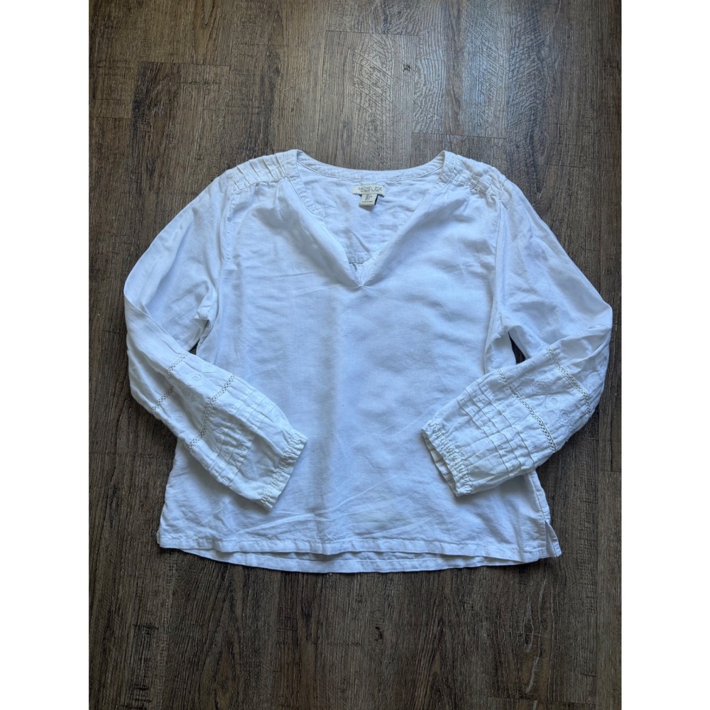Rachel Zoe White Linen Blend Eyelet Embroidered Peasant Blouse Top Large Boho
